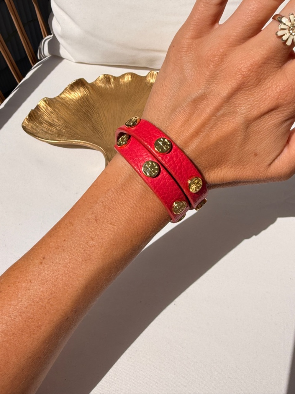 Tory Burch Double-Wrap Leather Bracelet with Gold Studs - Picture 2 of 5
